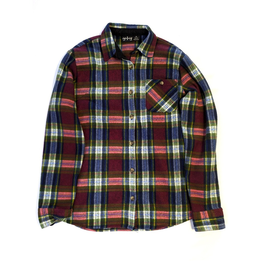 Cg l cg Mens Plaid Fleece Button Down Shirt Burgundy Blue Green Size Medium
